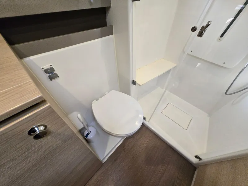 Slide: The Image of Bathroom interior of 2018 Bali 4.1 Catamaran with toilet and shower. - 20