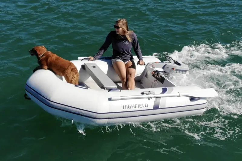 Slide: The Image of 2025 Highfield Roll-Up 250 KAL inflatable boat with person and dog on water. - 2