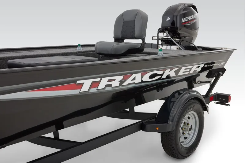 Slide: The Image of 2025 Tracker Panfish 17 boat with Mercury engine on trailer, side view. - 15