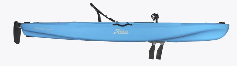 Slide: The Image of 2024 Hobie Passport 12.0 DLX kayak, blue, side view, featuring pedal drive system. - 3