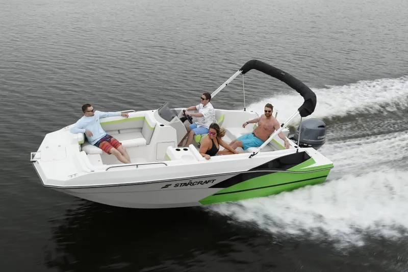 Slide: The Image of 2025 Starcraft 191 SVX OB boat cruising on water with passengers enjoying the ride. - 4