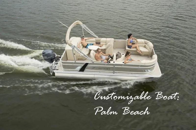 Slide: The Image of Pontoon boat cruising with passengers, Starcraft EX 20, 2025 model, customizable features. - 0