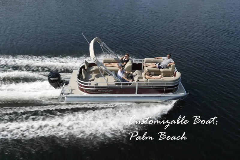 Slide: The Image of 2025 Starcraft 20 LX pontoon boat cruising on a lake, customizable features highlighted. - 0