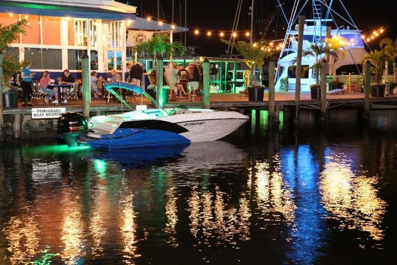 Slide: The Image of 2025 Starcraft 231 SVX boat docked at a vibrant, illuminated marina at night. - 5