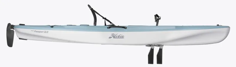 The Image of 2022 Hobie Passport 12.0 DLX kayak, side view, featuring pedal drive system. - 1