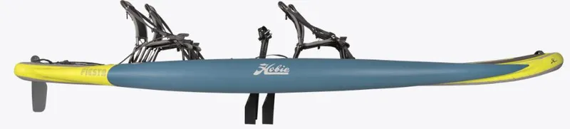 The Image of 2021 Hobie Fiesta DLX PKG kayak, blue and yellow design, side view. - 1