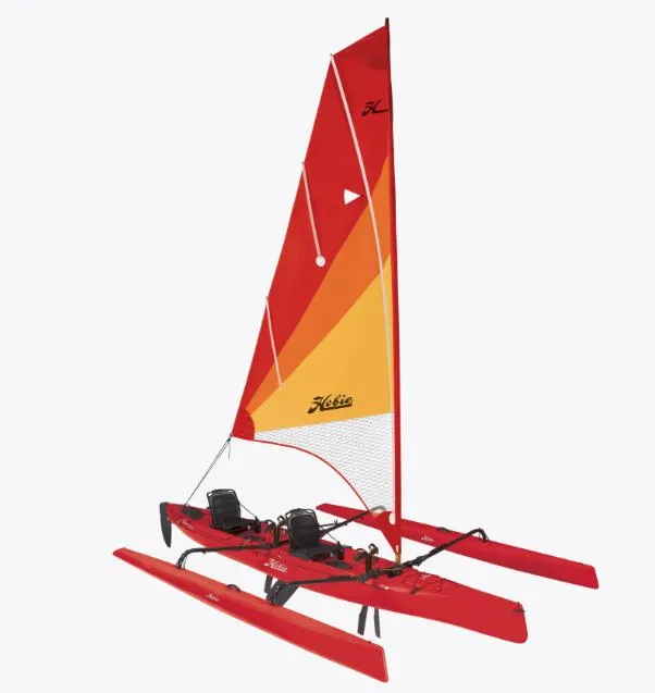 The Image of 2024 Hobie TNDM ISLD DLX HIB x2 sailboat with vibrant red and orange sail. - 1