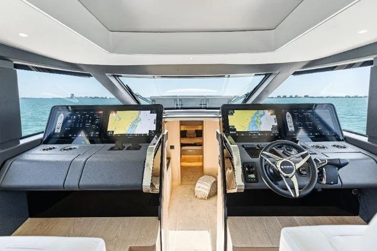 Slide: The Image of 2026 Scout 670 LXS boat interior with dual navigation screens and modern steering wheel. - 45