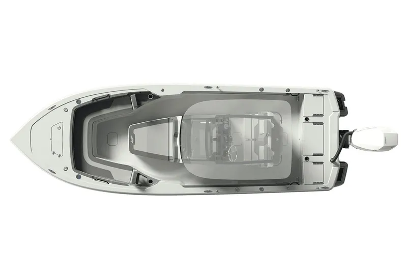 Slide: The Image of 2026 Scout 261 XSS boat with modern console and speakers, parked outdoors. - 11