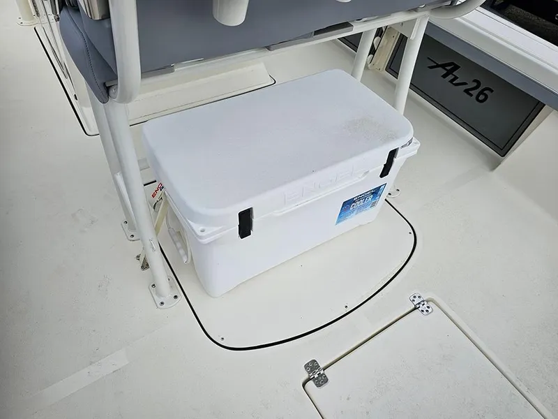 Slide: The Image of White cooler on Avenger AV26 boat deck, 2025 model. - 13