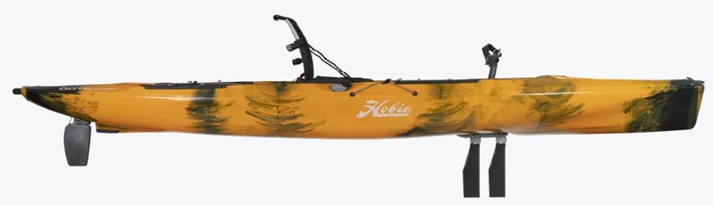 Slide: The Image of 2023 Hobie Outback DLX kayak, yellow with black accents, side view. - 2
