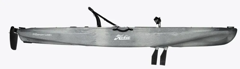 Slide: The Image of 2023 Hobie Passport Roto 12.0 kayak, side view, gray color, featuring pedal drive system. - 3