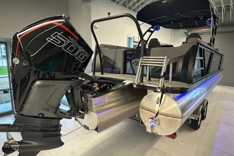 Slide: The Image of 2025 Veranda VX 27 DCRC pontoon boat with powerful Racing 500 engine, indoor display. - 5