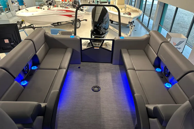 Slide: The Image of Luxurious interior of 2025 Veranda VX 27 DCRC pontoon boat with blue LED lighting. - 8