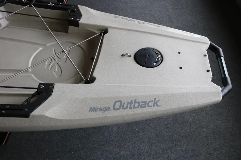 Slide: The Image of 2023 Hobie Mirage Outback kayak rear view with storage and handle. - 3