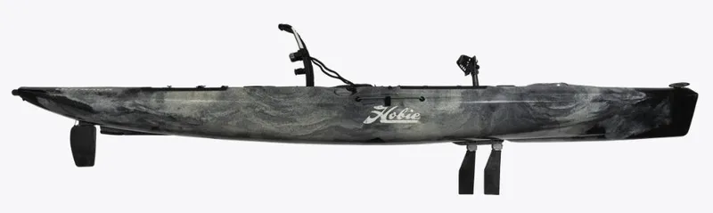 Slide: The Image of 2023 Hobie OUTBACK DLX DUNE kayak, side view, featuring sleek design and pedal system. - 5