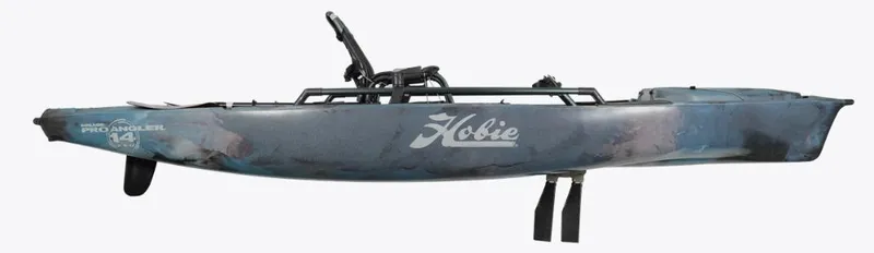 Slide: The Image of 2023 Hobie PA 14 360 DLX kayak in blue camo, side view. - 5