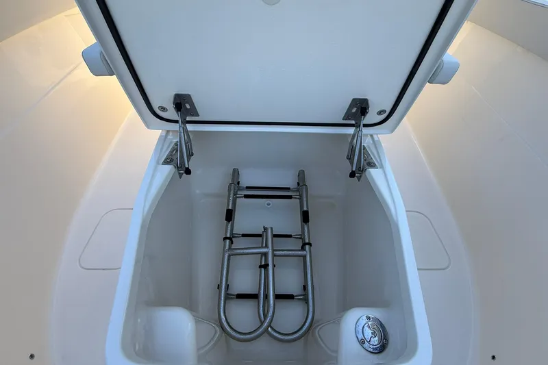 Slide: The Image of 2026 Scout 260 LXF boat storage compartment with foldable ladder. - 14