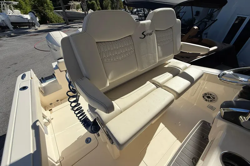 Slide: The Image of 2026 Scout 260 LXF boat interior with luxurious seating and modern design. - 17