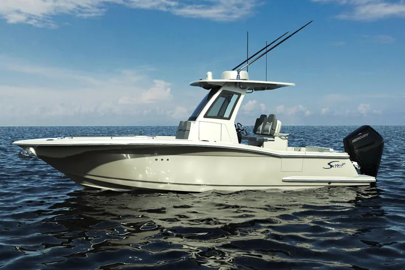 Slide: The Image of 2026 Scout 260 LXF boat with Mercury engine, parked outdoors under clear blue sky. - 3