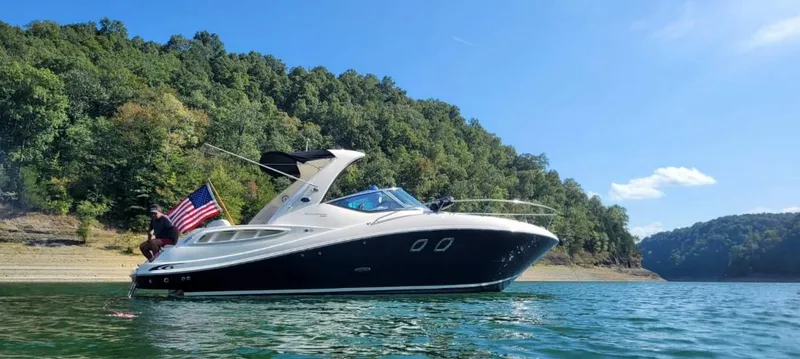 The Image of 2009 Sea Ray 310 Sundancer cruising on a scenic lake with lush green hills. - 1