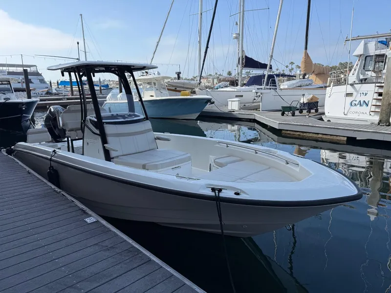 The Image of 2024 Boston Whaler 250 Dauntless boat docked at marina, surrounded by other vessels. - 0