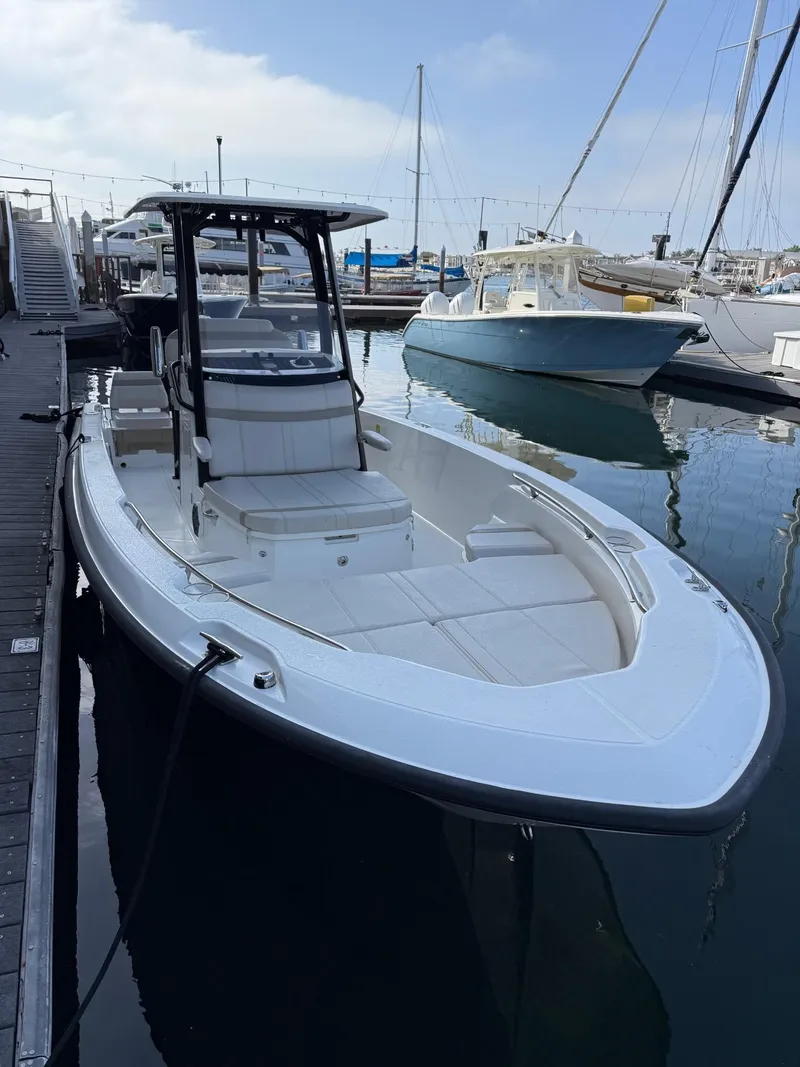 Slide: The Image of 2024 Boston Whaler 250 Dauntless boat docked at marina, sleek design, calm water. - 7