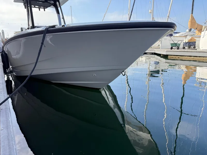 Slide: The Image of 2024 Boston Whaler 250 Dauntless docked, reflecting on calm marina waters. - 8