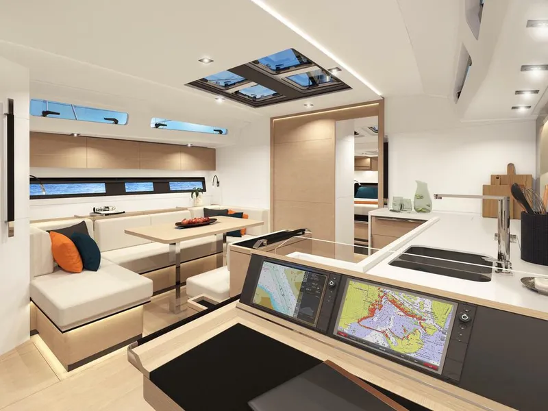 Slide: The Image of Modern interior of 2023 Hanse 460 yacht with sleek design and navigation screens. - 23