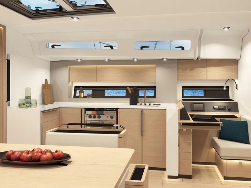 Slide: The Image of Modern kitchen interior of 2023 Hanse 460 yacht with sleek design and natural lighting. - 25