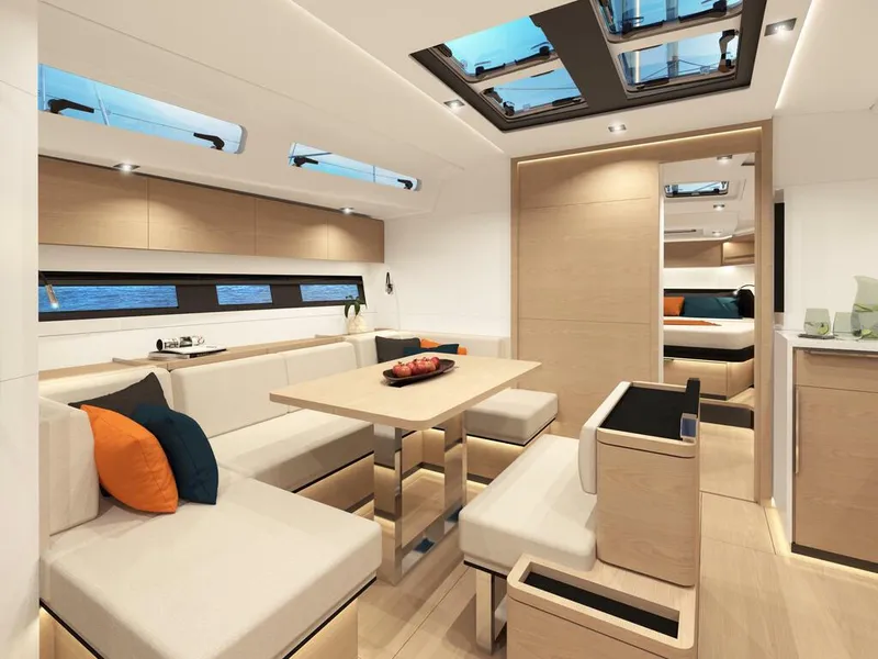 Slide: The Image of Luxurious interior of 2023 Hanse 460 yacht with modern seating and skylights. - 26