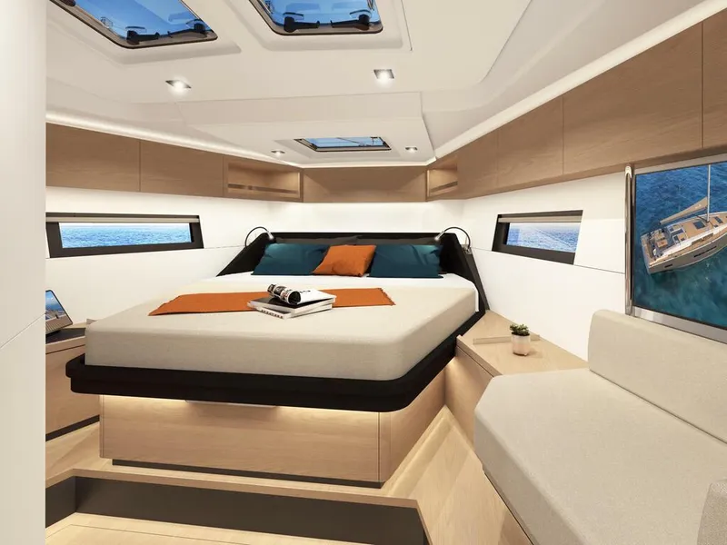Slide: The Image of Luxurious interior of 2023 Hanse 460 yacht with modern design and panoramic windows. - 27