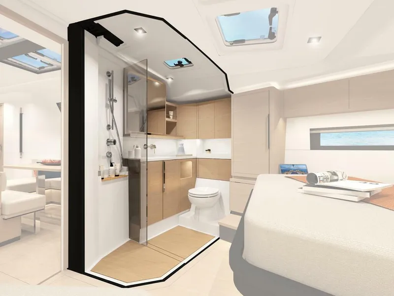 Slide: The Image of Modern interior of 2023 Hanse 460 yacht featuring a sleek bathroom and cozy living space. - 28