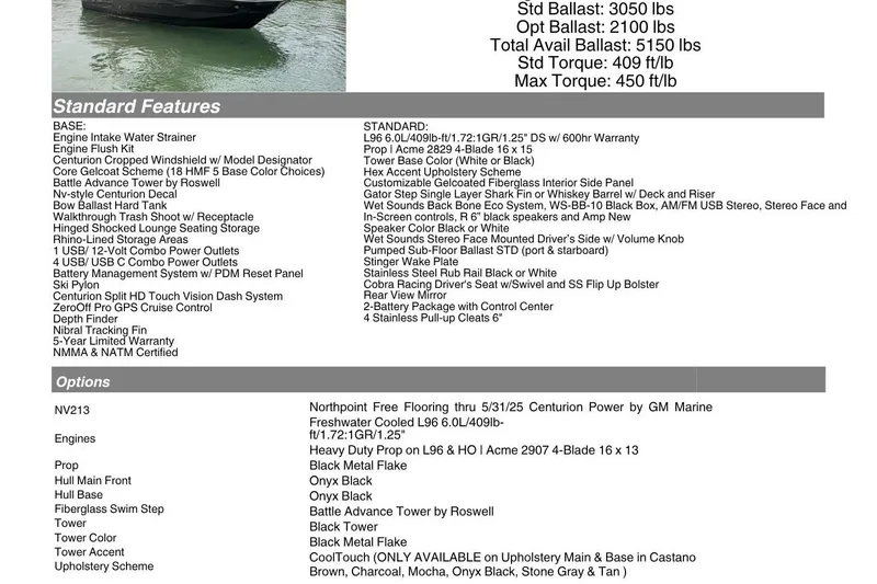 Slide: The Image of Centurion Nv213 2025 features and options list, including engine specs and standard features. - 8