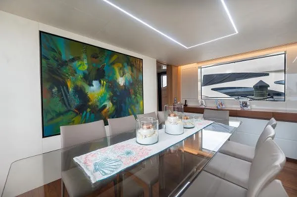 Slide: The Image of Luxurious dining area on 2017 Sanlorenzo SL106 yacht with modern art and elegant decor. - 11