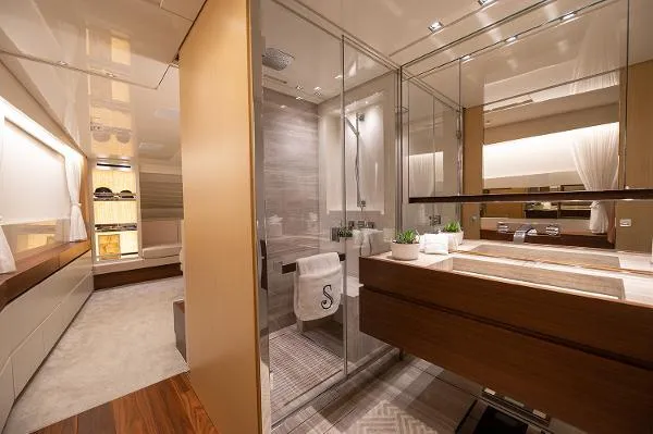 Slide: The Image of Luxurious interior of 2017 Sanlorenzo SL106 yacht featuring modern bathroom and elegant design. - 14