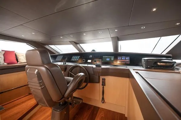 Slide: The Image of 2017 Sanlorenzo SL106 yacht helm with modern controls and luxurious seating. - 30