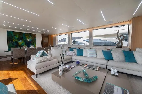 Slide: The Image of Luxurious interior of 2017 Sanlorenzo SL106 yacht with modern decor and spacious seating area. - 9