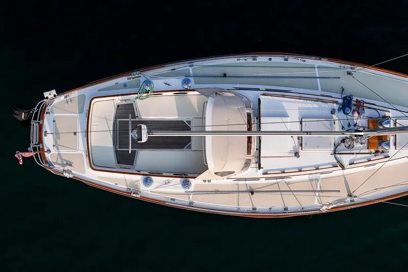 Slide: The Image of Aerial view of 1988 Hinckley Sou'wester 42 sailboat, showcasing deck layout and rigging. - 11