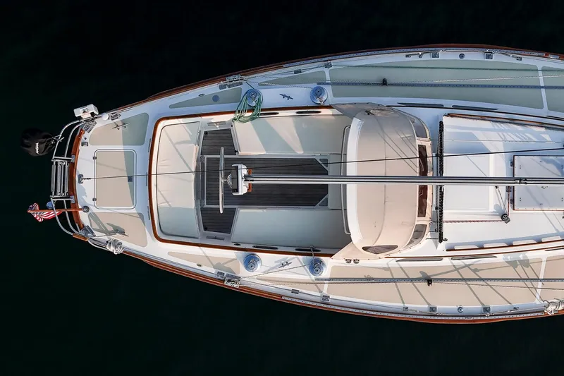 Slide: The Image of Aerial view of 1988 Hinckley Sou'wester 42 sailboat, showcasing deck and rigging details. - 12