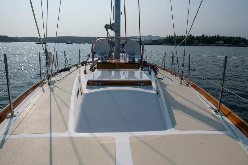 Slide: The Image of 1988 Hinckley Sou'wester 42 sailboat deck with scenic water view. - 24