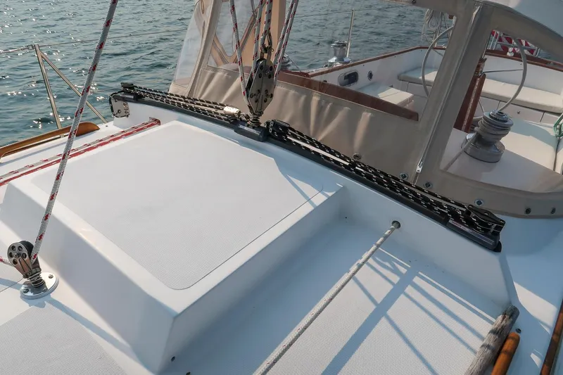 Slide: The Image of Hinckley Sou'wester 42 sailboat deck, 1988 model, with rigging and winches visible. - 27
