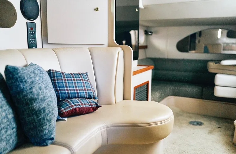 Slide: The Image of 2001 Cruisers Yachts 3075 Express bathroom with toilet, soap, and towel. - 12