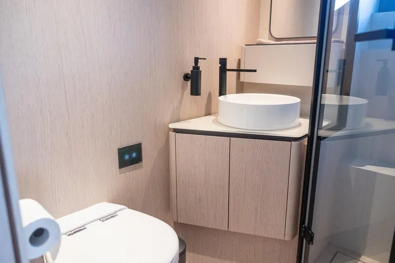 Slide: The Image of Modern bathroom in 2024 Ferretti Yachts 580, featuring sleek fixtures and minimalist design. - 42