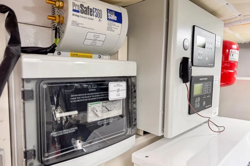 Slide: The Image of Electrical control panel on 2024 Ferretti Yachts 580, featuring ProSafe FS60 galvanic isolator. - 56