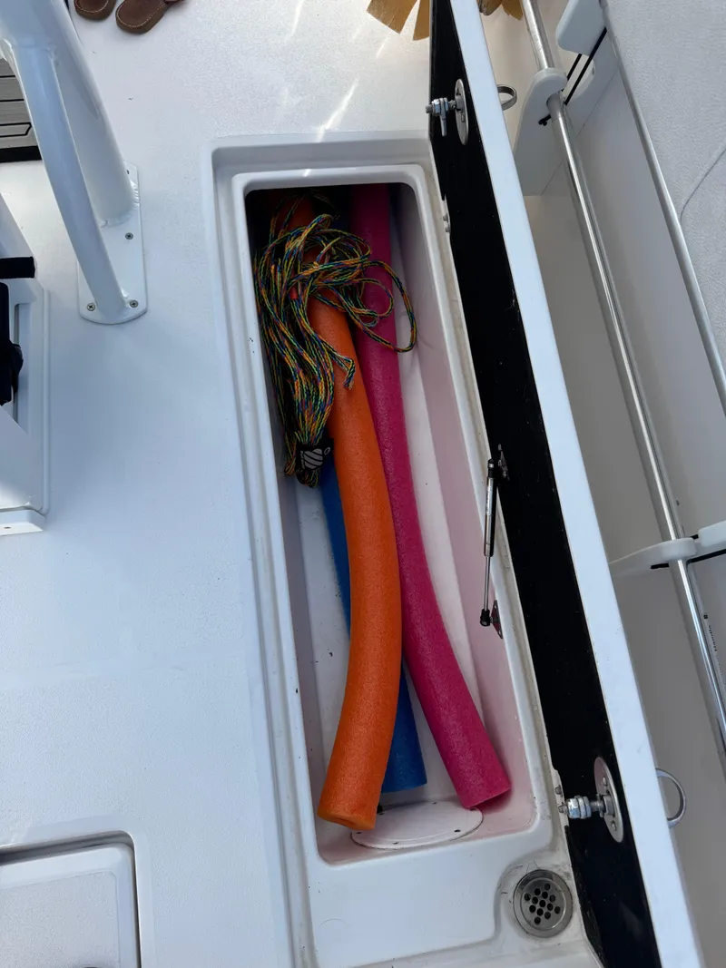 Slide: The Image of Storage compartment on 2023 Sea Fox 268 Commander with pool noodles and rope. - 22