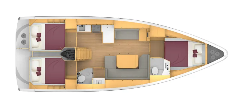 Slide: The Image of 2023 Bavaria C42 yacht interior layout with three cabins and two bathrooms. - 21