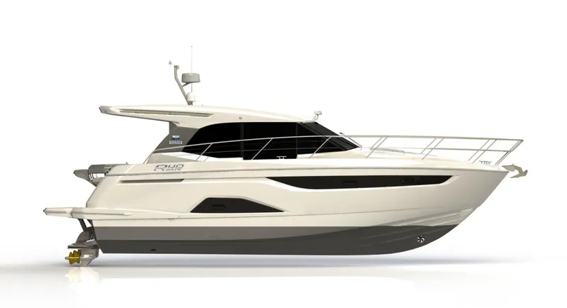 Slide: The Image of 2023 Bavaria R40 Coupe yacht, sleek design, side view, white and gray exterior. - 11