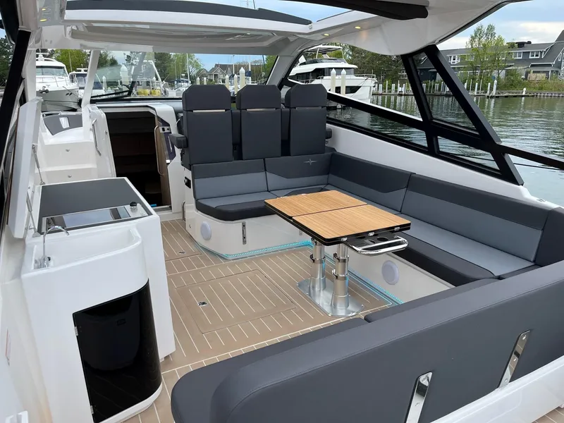 Slide: The Image of 2023 Bavaria Vida 33 yacht interior with sleek seating and modern design. - 18