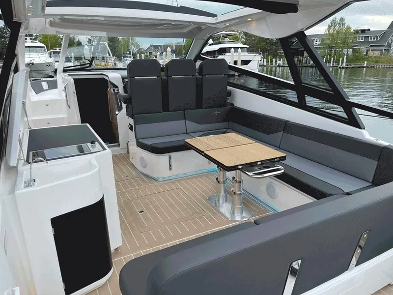 Slide: The Image of 2023 Bavaria Vida 33 yacht interior with sleek seating and modern design. - 9